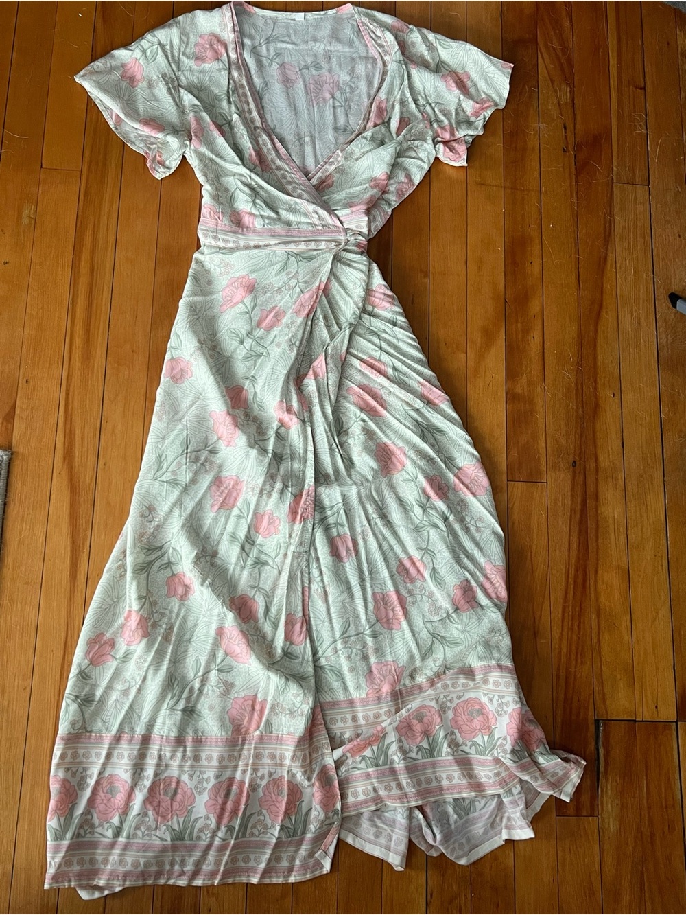 Floral Wrap Maxi Dress in Light Green and Pink